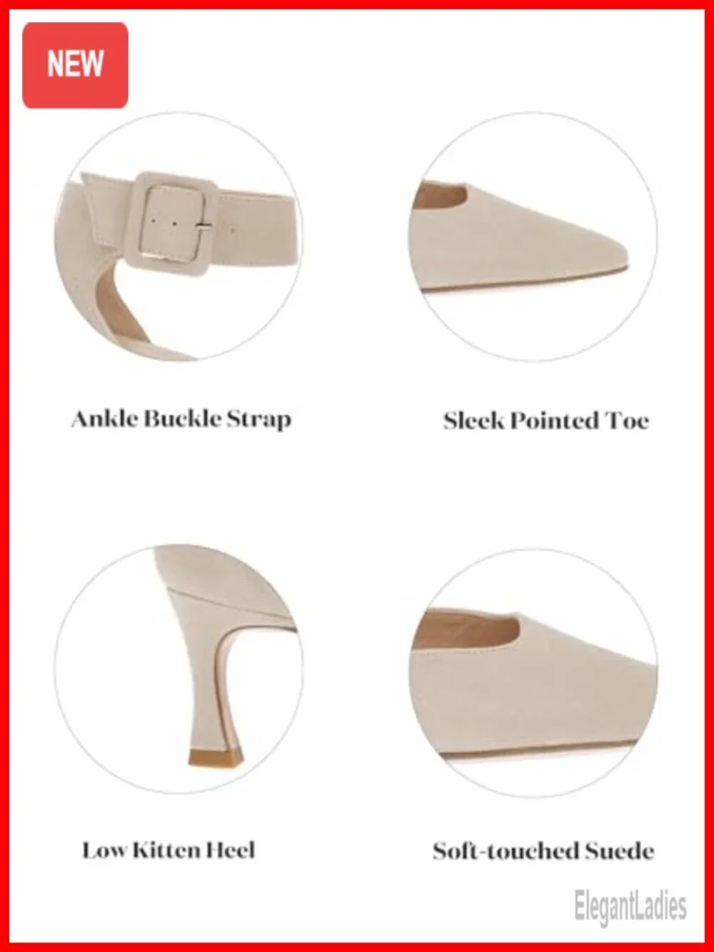 Kitten Low Heels Closed Pointed Toe Ankle Buckle Strap Pumps Suede Dress